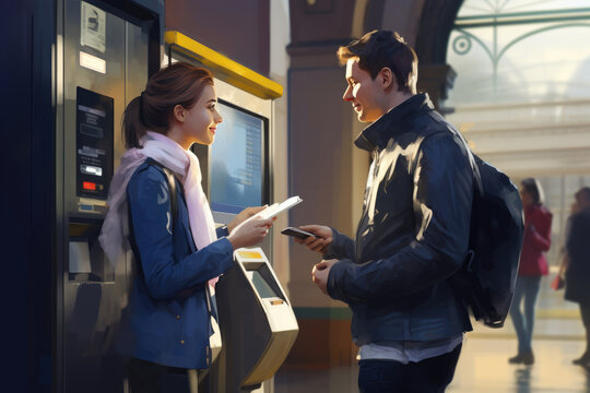 Woman using ATM machine at subway station , AI Generated