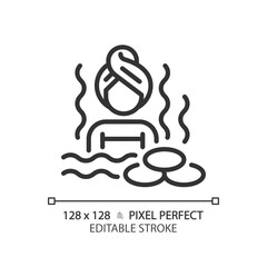 2D pixel perfect editable black hot water bath icon, isolated vector, meditation thin line illustration.