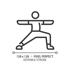 2D pixel perfect editable black yoga exercise icon, isolated vector, meditation thin line illustration.