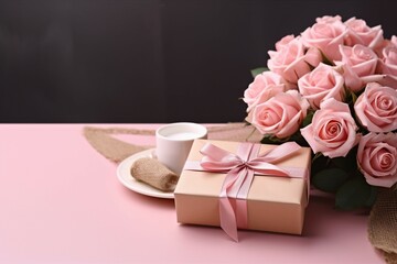 Pink table hosts Mother's Day: Rose, kraft gift box in chic arrangement. Generative AI