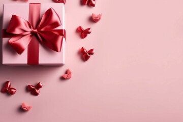 Pink box, red bow, hearts on pink. Top-view holiday web banner perfection. Generative AI