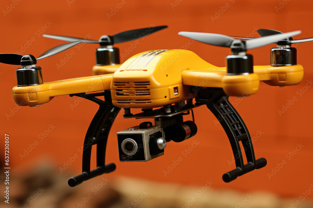 Poster a yellow drone with a camera attached to it. generative ai image.