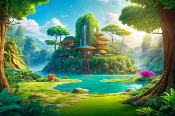 wild background forest illustration with cartoon trees Boat Train Castle amp jungle scenery nature drawing fantasy