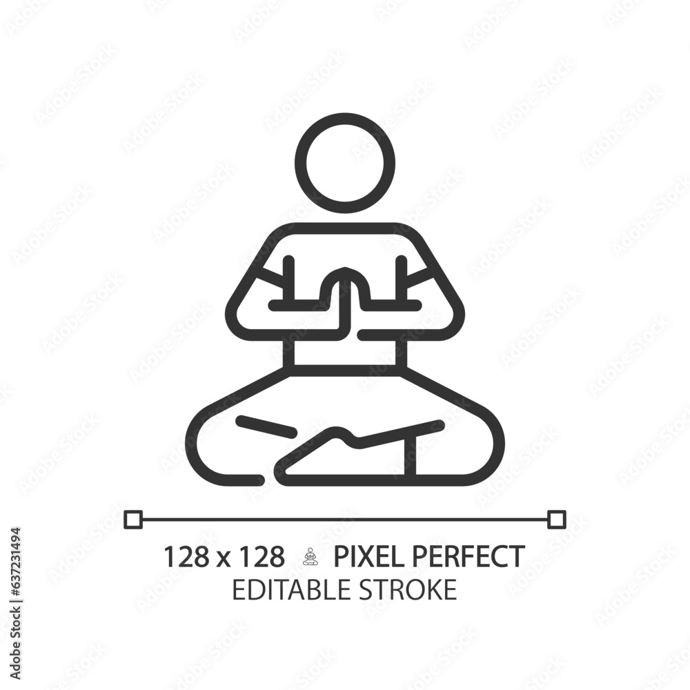 Wall mural 2D pixel perfect editable black prayer pose icon, isolated vector, meditation thin line illustration.