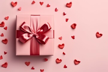 Top-view pink gift box, adorned with red bow, amid heart-filled pink background. Generative AI