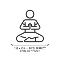2D pixel perfect editable black prayer pose icon, isolated vector, meditation thin line illustration.