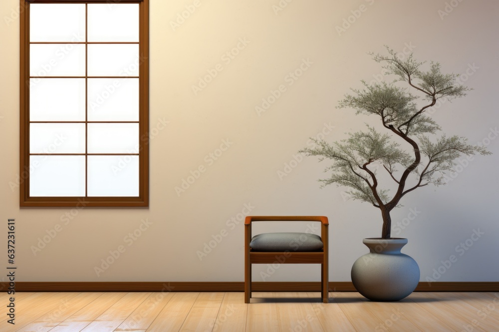 Poster a room with a chair and a tree in a vase. generative ai image.