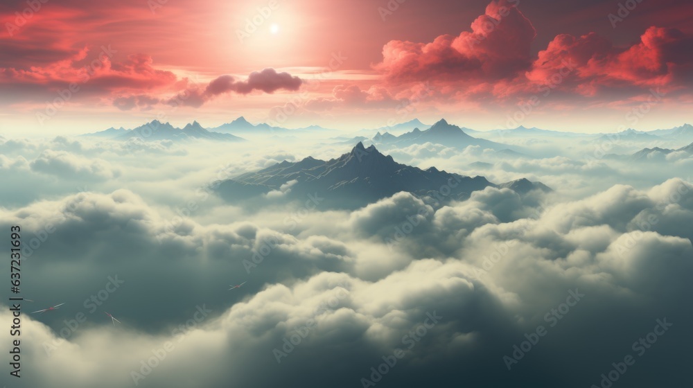 Aufkleber a view of a mountain range with a red sky in the background. generative ai image.