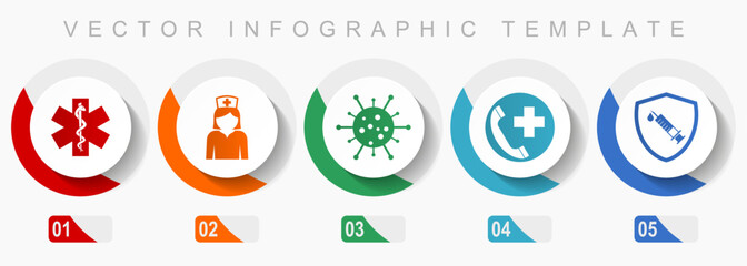 Health and medicine icon set, miscellaneous icons such as emergency, nurse, virus amd vaccine, flat design vector infographic template, web buttons in 5 color options