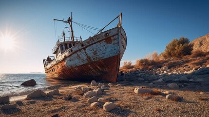 The sandy beach of Cyprus is home to an ancient, rusty ship, a silent relic of maritime history. - obrazy, fototapety, plakaty