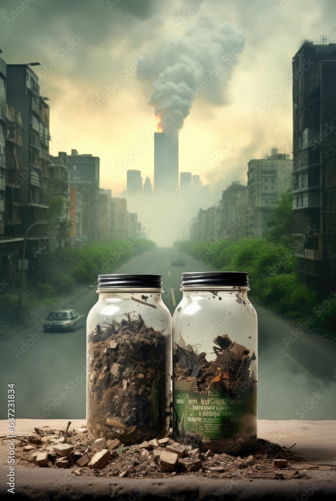 Poster two jars with dirt in them sitting on a window sill. generative ai image.