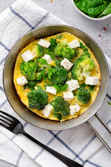 Omelette with Broccoli and Feta Cheese in a Skillet Pan, Baked Omelet