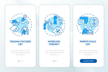 Fototapeta na wymiar 2D icons representing behavioral therapy mobile app screen set. Walkthrough 3 steps blue graphic instructions with line icons concept, UI, UX, GUI template.