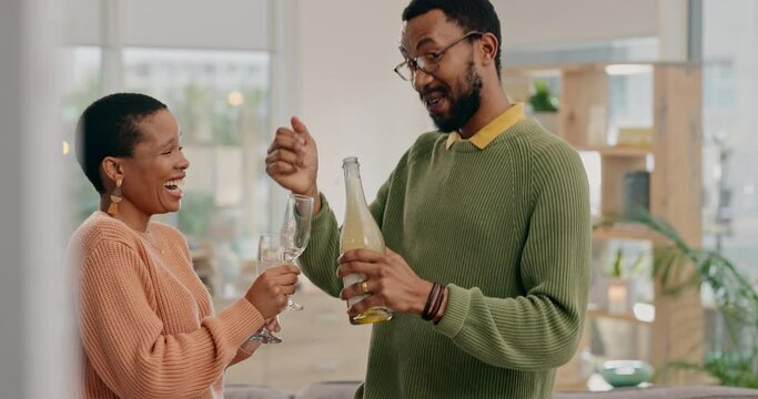 Happy African couple, champagne and home for party, goals or celebration for success, comic laugh or joke. Young black woman, man and bottle for alcohol, drink and achievement with talking in house