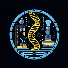 Icon of a DNA strand and lab equipment, black color, illustrating genetic analysis Generative AI