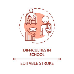 2D editable difficulties in school red thin line icon concept, isolated vector, monochromatic illustration representing behavioral therapy.