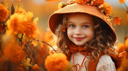 紅葉と子供、秋の草花でおしゃれをする少女