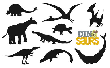 Cartoon dinosaur characters silhouettes. Vector prehistoric animals with cute baby dino in egg. Mosasaurus, basilosaurus, tapejara and sarcosuchus reptile, basilosaurus and carbonemys dinosaurus