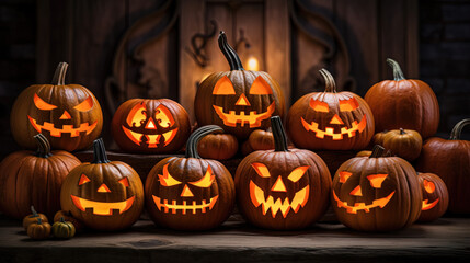 Obraz premium A large stack of carved halloween pumpkins. Generative AI.