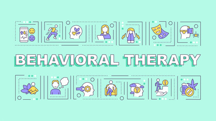 Fototapeta premium Behavioral therapy text with various thin linear icons concept on green monochromatic background, editable 2D vector illustration.