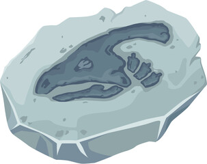 Dinosaur fossil, ancient stone dino skeleton imprint. Cartoon skull bones of Jurassic animal. Vector rock with silhouette of parasaurolophus dinosaur head bones, prehistoric reptile fossil