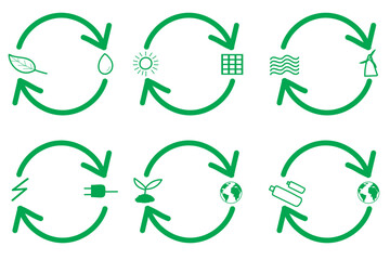 Set of green symbols about saving the environment. recycling icon on white background
