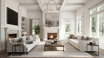 White living room interior design in luxurious modern classic contemporary style with floor-to-ceiling windows, fireplace and sofa on wooden floor.