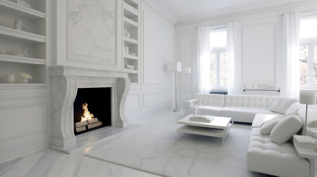 White living room interior design in luxurious modern classic contemporary style with floor-to-ceiling windows, fireplace, sofa and marble floor, no people.