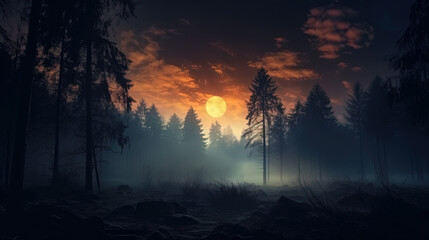 Fototapeta premium Mystical foggy forest with pine trees under night sky and stars. Generative AI.