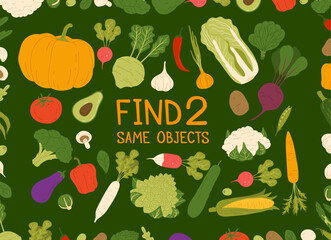 Find two same harvest raw vegetables. Kids vector game with cartoon fresh pumpkin, tomato, kohlrabi and avocado. Lettuce, chili pepper, cauliflower, corn, broccoli and eggplant with romanesco cabbage