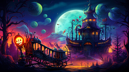 Halloween background with scary castle haunted ,Halloween background with Evil Pumpkin. Spooky scary dark Night forrest. Holiday event halloween banner background concept