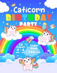 Birthday party flyer. Magic cute caticorn cat and kitten characters on rainbow. Vector invitational poster template. Kids card with kawaii magic feline unicorn fantasy animal on heaven with clouds