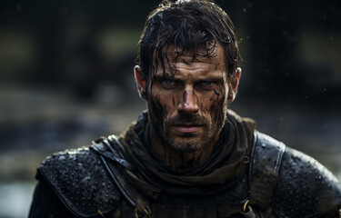 Obraz premium An eye-level capture of a weathered medieval warrior, a mix of determination and fear reflected in his eyes, scars from previous battles etched on his face, standing on fight scene 