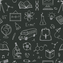 Back to school seamless pattern doodle. Hand drawn line doodle sketch style back to school background. Hand drawn book, bag, globe education chalkboard background. Vector illustration.