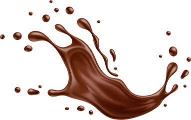 Realistic chocolate milk wave splash, cocoa drink spill with drops. Vector 3d melted chocolate bar, choco candy or cream wavy flow. Isolated cocoa milk shake, sauce, glaze or syrup splash with ripples - 637235619