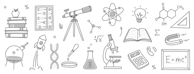 Doodle science, education school icon. Hand drawn sketch style doodle science background. School chemistry, physics education, biology concept icon. Hand drawn line vector illustration. - obrazy, fototapety, plakaty
