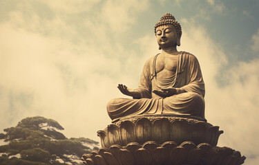 Fototapeta premium An low to high level capture of Teaching Buddha pose in vintage style
