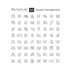 2D editable black big line icons set representing vendor management, isolated vector, linear illustration.