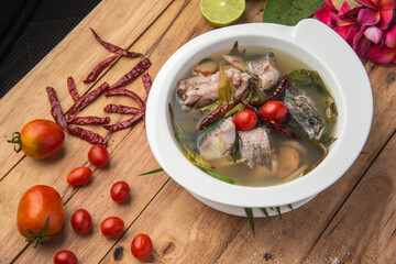 traditional Laos fish soup,clear soup fish with herbs Laos style know as 'Tom Pa' delicious dish for homemade food 