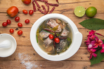 traditional Laos fish soup,clear soup fish with herbs Laos style know as 'Tom Pa' delicious dish for homemade food 
