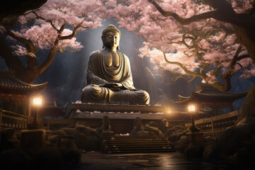 gold buddha statue and cherry blossom, generative AI	
