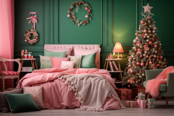 Interior of bedroom with Christmas decoration. Generative ai