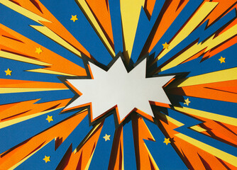 Handmade paper cutout pop art comic background. Cartoon flat style. In yellow, orange and blue color. Lightning. Concept. 