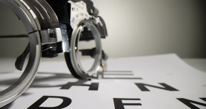 Optometric glasses for measuring visual acuity lie on paper Snellen chart. Medical equipment for checking eyesight waits for patient in doctor office slow motion
