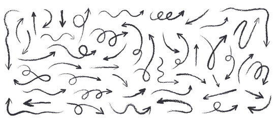 A set of arrows drawn in crayon or charcoal. Various hand drawn elements with a pastel pencil texture. Fun doodles, grunge swirling lines, scribble or swooshes markers, vector illustration