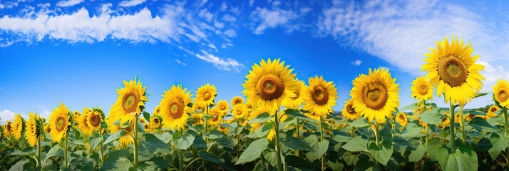 Yellow agriculture field with sunflowers against blue sky with clouds . Harvest time banner © vasanty