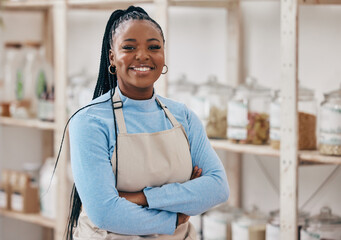 Supermarket, grocery store and portrait of black woman with crossed arms for service in eco friendly market. Small business, sustainable shop and manager smile for groceries, products or organic food