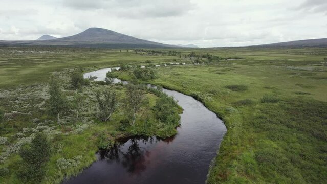 Low aerial flyover: Dark river winds through Spekdalen valley, Norway