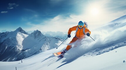 Naklejka na ściany i meble Skier in mountains, prepared piste and sunny day