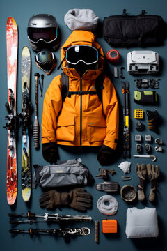 knolled snow gear, outdoor winter adventures. Created with generative AI technology.